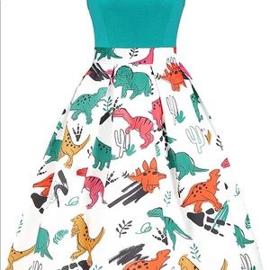 Vintage style dinosaur print circle skirt a-line dress 2XL XXL